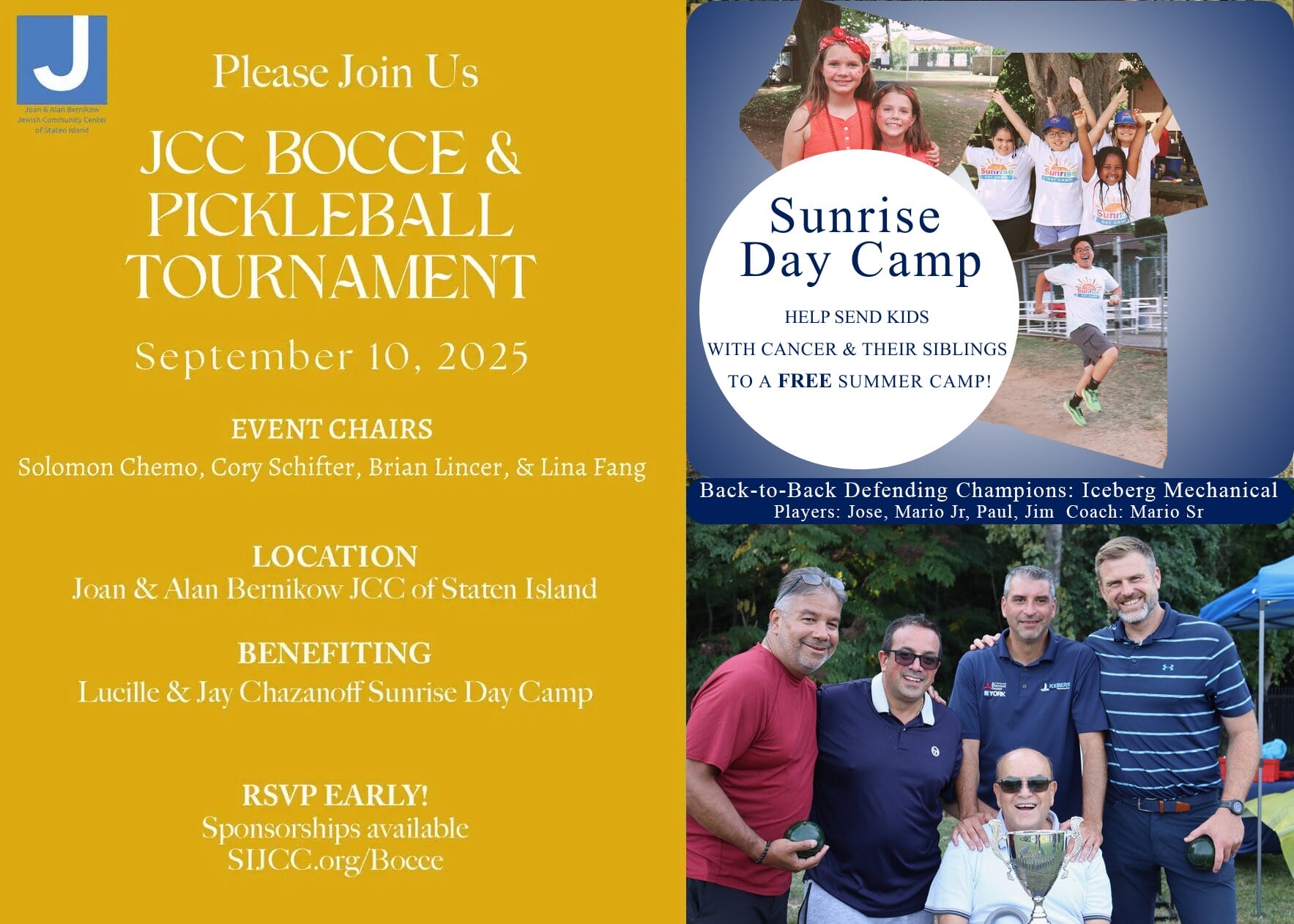 Promotional flyer for a JCC Bocce & Pickleball Tournament on September 10, 2025, benefiting Sunrise Day Camp for kids with cancer; includes event details and photos of players.