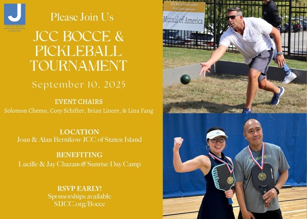Collage promoting a JCC Bocce & Pickleball Tournament with event details and photos of participants playing and posing with medals.