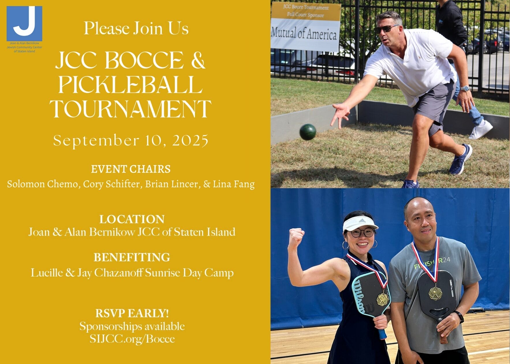 Collage promoting a JCC Bocce & Pickleball Tournament with event details and photos of participants playing and posing with medals.