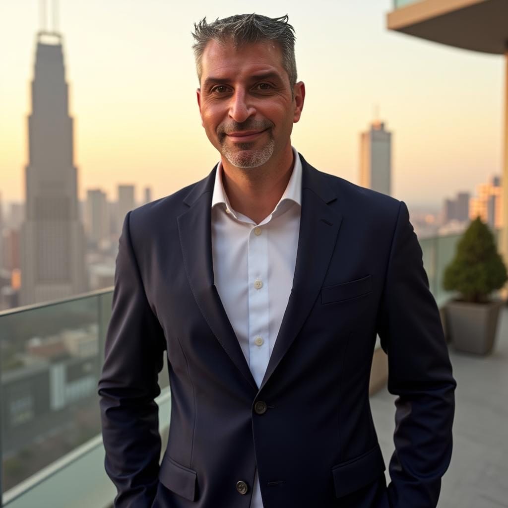 A man in a navy suit stands on a balcony overlooking a city skyline at sunset, with tall buildings in the background.